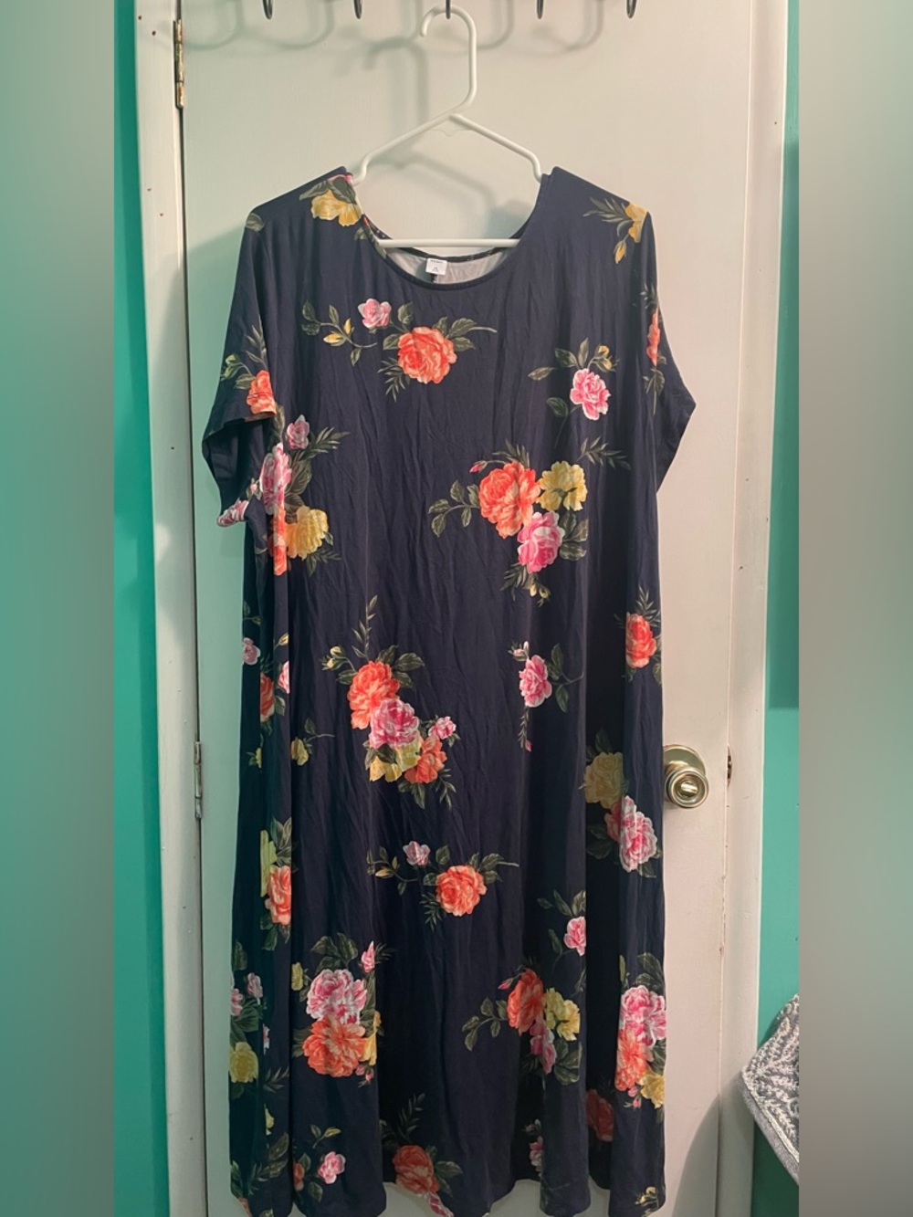 Old Navy Floral Scoop Neck Maxi Dress - Navy with Coral & Pink Blooms 3X